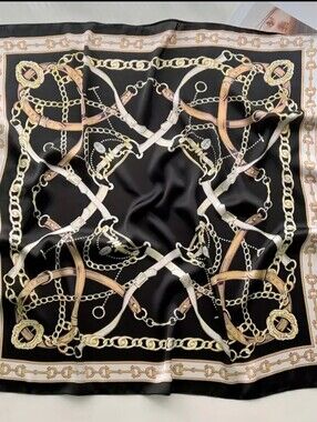 Elegant Blk Horsebit Chain & Link Print  Silky Scarf 27.5x27.5". Designer Looks
